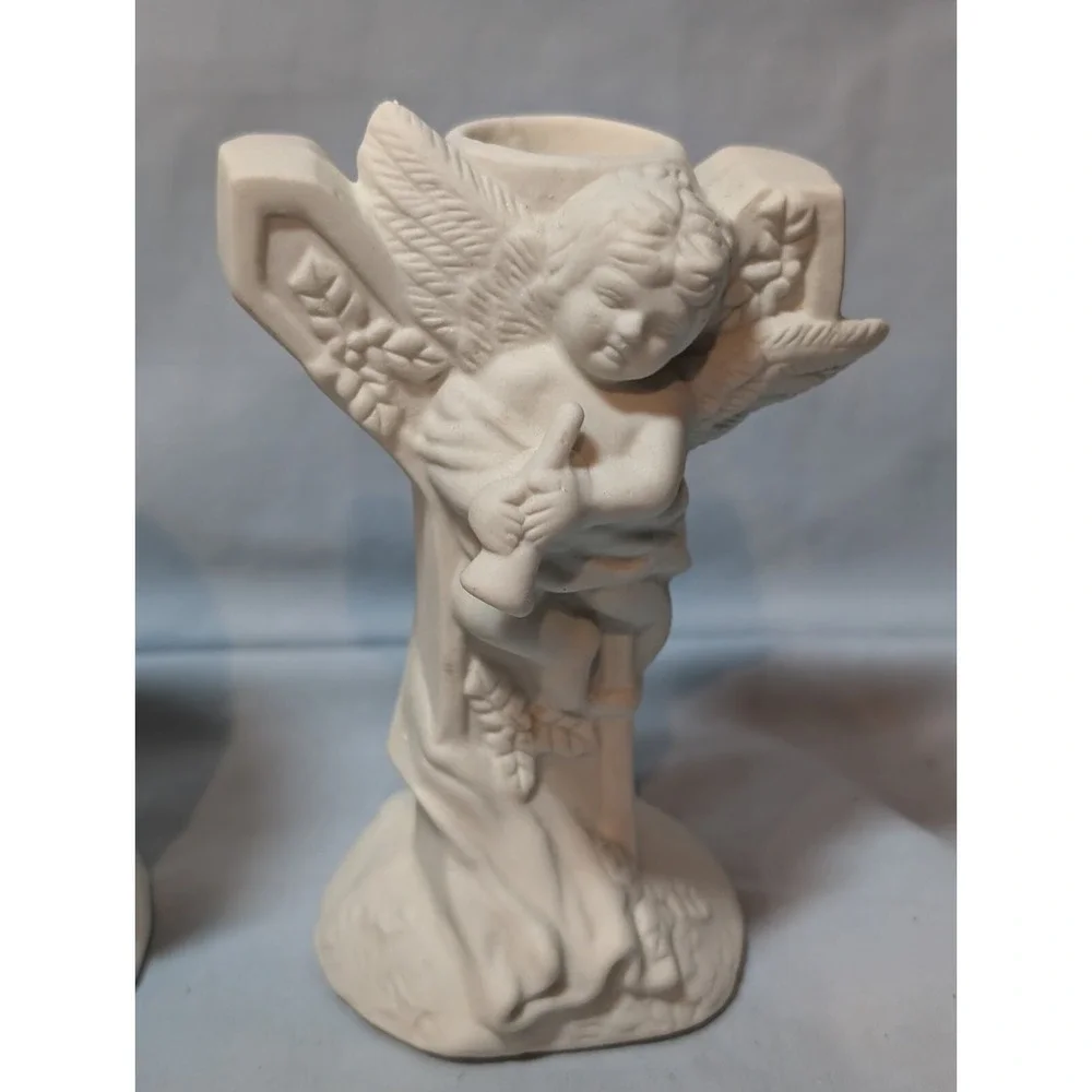 Vintage Angel Cherubs JOY Candle Stick Holders J‎ O Y 3 pc Set Ceramic White